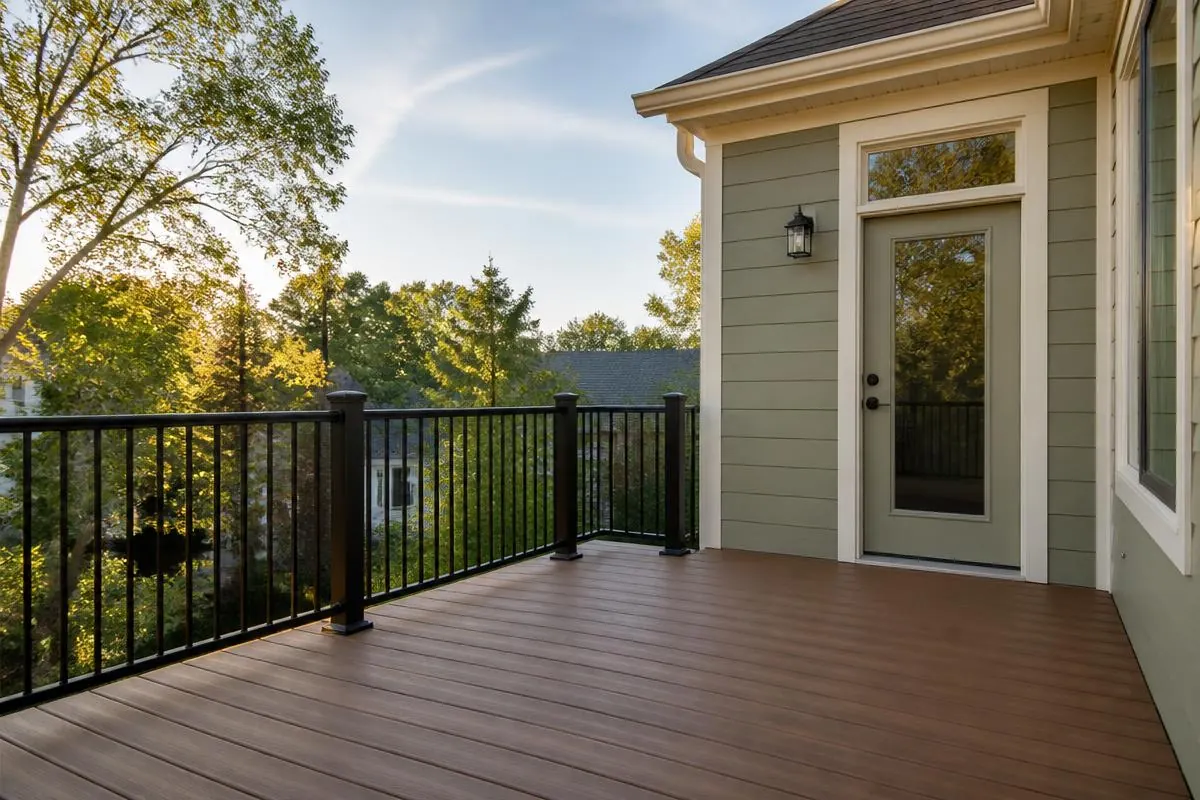 Elevated wood balcony structure with railing attached to a residential home
