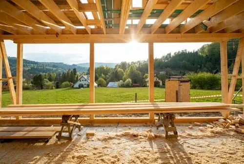 Timber frame carpentry work in progress on a residential project near Burlington, North Carolina