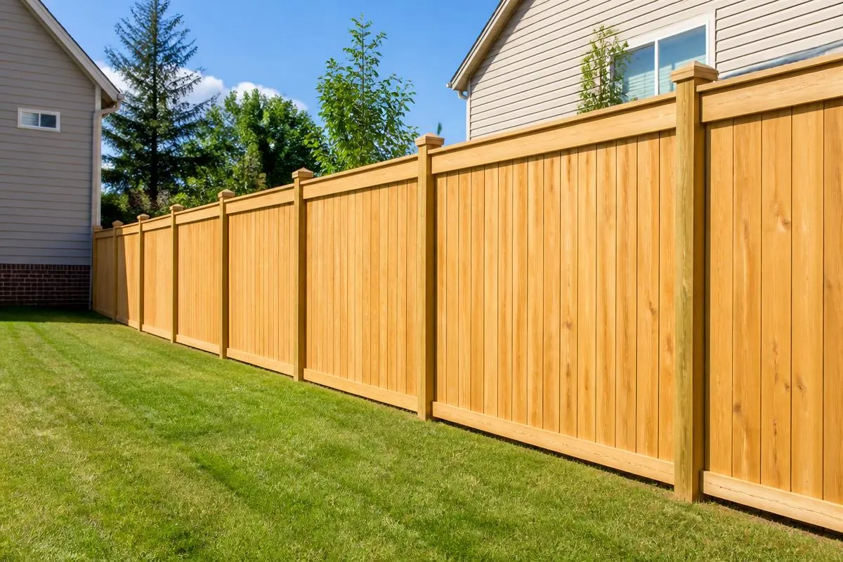 Wood privacy fence with new posts set along a residential property line